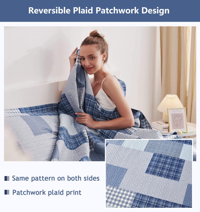CHESITY King Quilt Set King Size Plaid Bedding Sets 3-Piece Navy Blue Reversible Lightweight Stripe Grid Coverlet Bedspread Patchwork Soft Quilt for Bed (96"" x 108"") - Image 2
